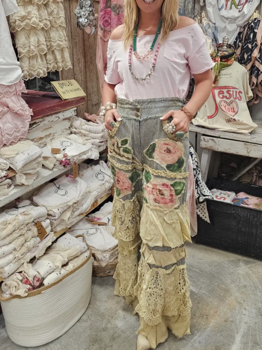 Rose Ticking Pant Boho Rose Appliqué Wide-Leg Jeans - Pink & Olive